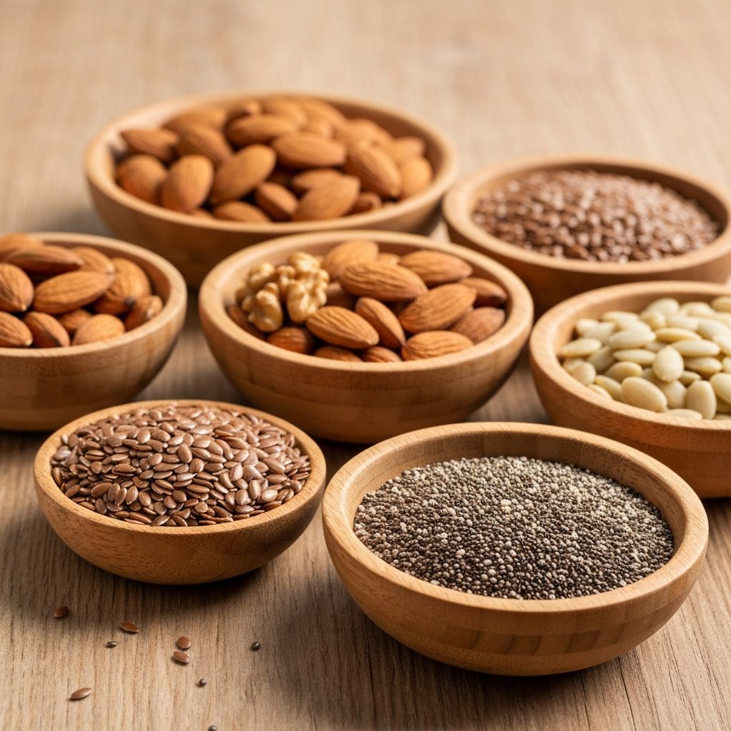 Nuts and seeds in bowls