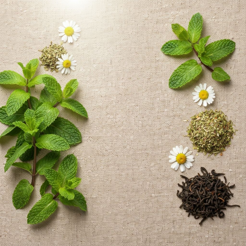 Fresh herbs and plant materials arranged artfully